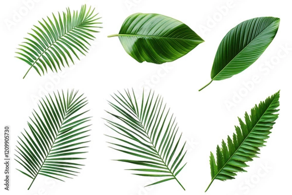 Fototapeta collection of six different types of green leaves. showcasing various shapes and textures the leaves are arranged aesthetically against a white background. emphasizing their vibrant colors and natural