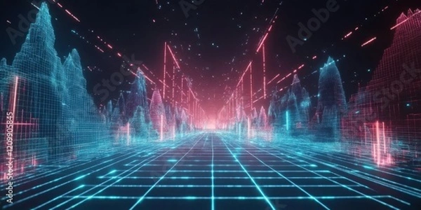 Fototapeta A futuristic digital landscape with glowing grid and mountain-like structures.