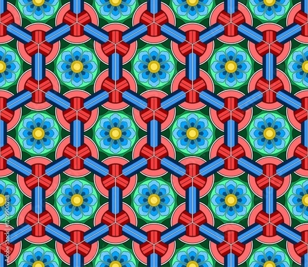 Fototapeta Red Color Korean Traditional Dancheong seamless pattern with flowers