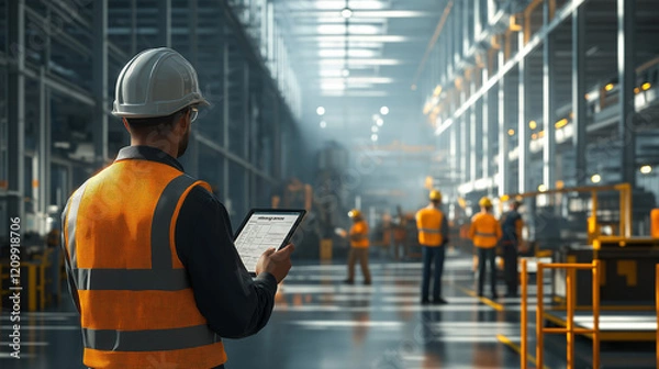 Fototapeta Industrie-Sicherheitsprüfung: Inspektoren bewerten Schutzmaßnahmen. Generative AI KI