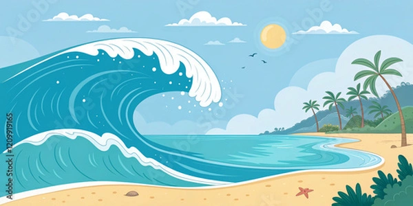 Fototapeta A Big Ocean Wave in a Summer Landscape with Sun and Clouds for Vacation Vibes