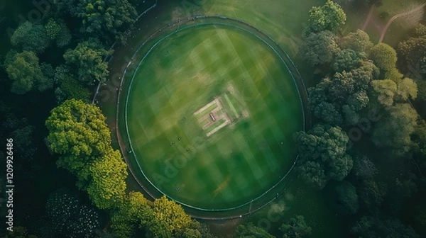 Fototapeta Aerial view of players, playing a game of Cricket on a Welsh Park Pitch in the summer