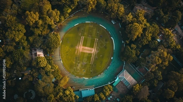 Fototapeta Aerial view of players, playing a game of Cricket on a Welsh Park Pitch in the summer
