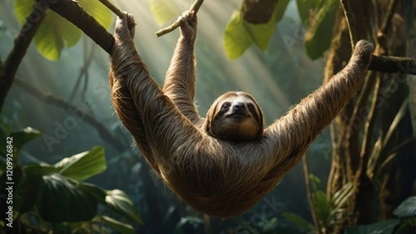 Fototapeta A sloth hangs from a tree in a lush, green jungle, illuminated by soft sunlight.