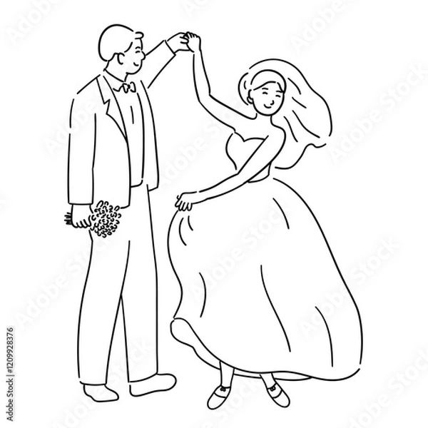Obraz Groom is holding the bride's hand, and they are both dancing together cutely vector illustration