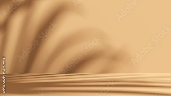 Fototapeta Unobtrusive natural pastel background with shadows on the wall, exterior - 3d render. Botanical empty podium with shadows from plants, palms, trees for product presentation, advertising.