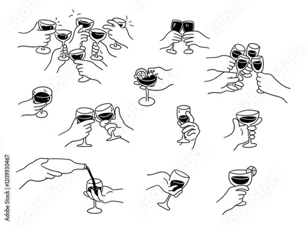 Obraz Different hands gestures hold wineglass or drink cocktails. Hand with glass of wine