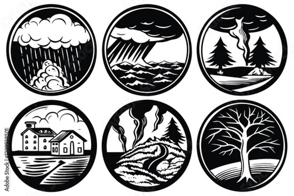 Fototapeta Hand-Drawn Disaster Illustration Set: Contour Sketches of Natural Calamities like Sandstorms, Droughts, and Heavy Rain