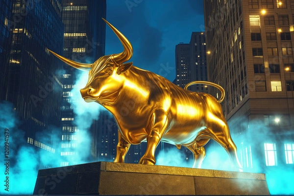 Obraz A mighty stock market bull made of gold stands on a pedestal in the clouds of smoke, in the middle of a night city. Symbol of a stock market bull run