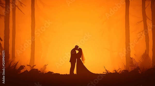 Fototapeta Bride and Groom Share a Kiss in the Woods on Valentine's Day Generative AI