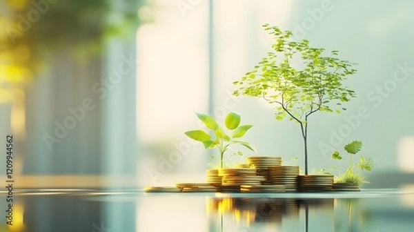 Fototapeta The idea is to protect the balance of the environment and increase people's love for the environment. The environment is represented by green plants and some coins, which are symbols of success.