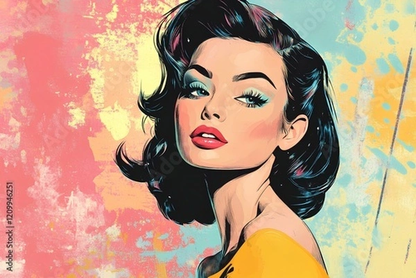 Fototapeta Beautiful woman with her hair in a bun, wearing a red and white polka dot bandana. Her hair is styled up in the style of vintage pin-ups 