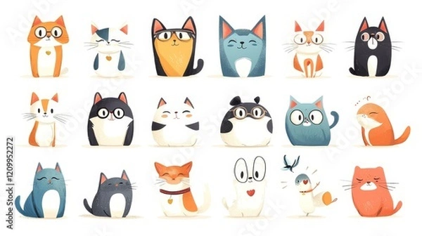 Fototapeta Cute Cartoon-Flat concept. Colorful illustrations of various cat characters in playful poses.