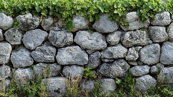 Obraz Stone Wall with Greenery: A rustic dry-stone wall, constructed of irregular grey stones, is partially covered with vibrant green vines and plants, creating a textured and natural backdrop.