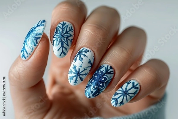 Fototapeta A close-up of a woman's hand embellished with blue and white snowflakes on a white backdrop including ample space for text or background use, Generative AI.