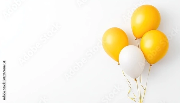 Fototapeta A cluster of yellow and white balloons floating against a clean white background, ideal for celebrations