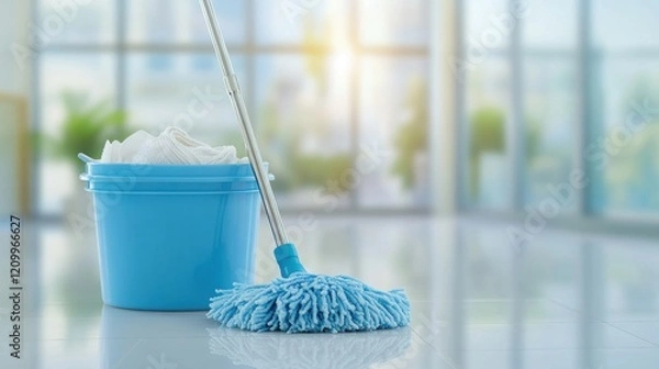 Fototapeta Bright, clean floor showcases a blue mop and bucket, ready for cleaning tasks in a spacious environment illuminated by natural light