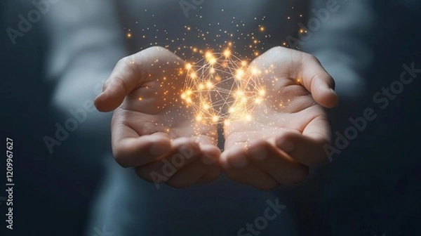 Fototapeta Hands holding a glowing oxygen molecule, health in focus, 3D illustration