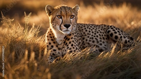 Fototapeta A cheetah resting in golden grass during sunset, showcasing its elegance and beauty.