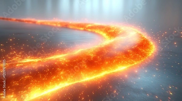 Obraz Fiery Trail of Light: A mesmerizing, glowing trail of fiery embers and sparks curves across a dark surface, creating a dynamic and otherworldly visual effect.