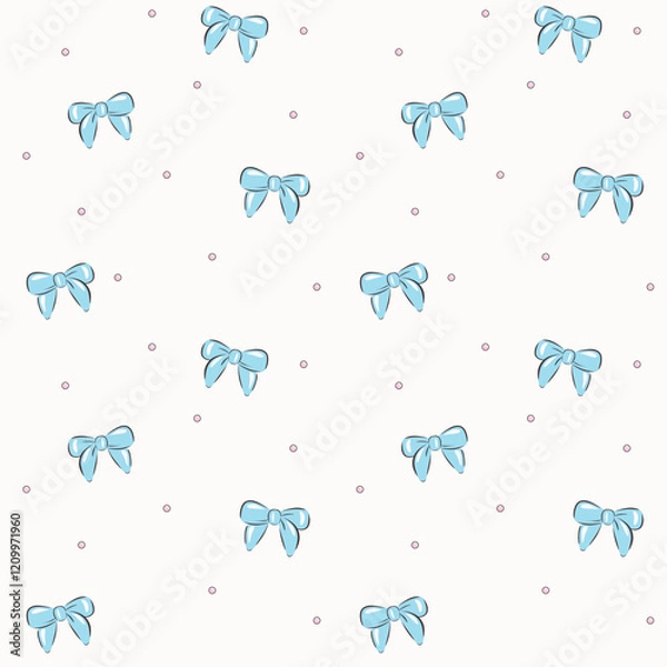 Fototapeta Vector illustration. Seamless pattern of blue bows on a light background with dots. Girly background, cute fabric design, postcard template, wallpaper, website, banner