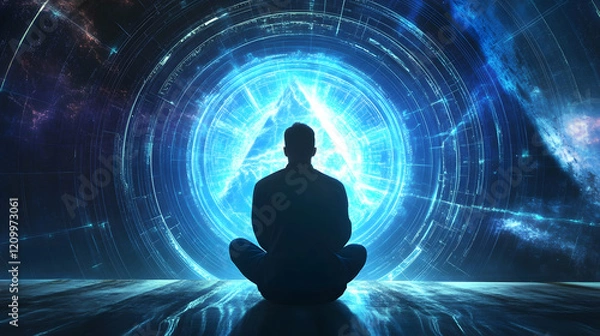 Obraz Silhouette of Meditation in Front of Digital Portal with Mystical Blue Light Effects and Energy Patterns : Generative AI