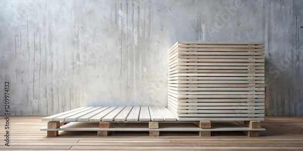 Fototapeta Minimalist wooden display stand against a textured wall