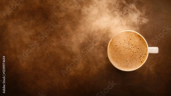 Fototapeta An overhead perspective reveals a steaming coffee cup resting on a warm brown table, perfectly capturing the cozy warmth and inviting aroma of early morning moments before the day begins