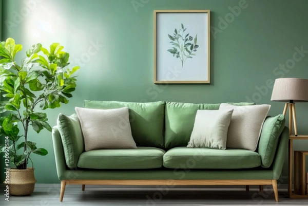 Fototapeta Green mint sofa against green wall with poster frame Boho style interior design of modern living room