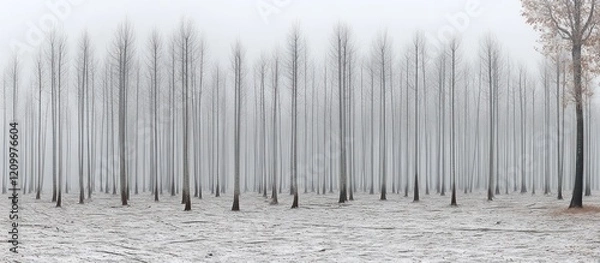 Fototapeta Foggy winter forest, snow-covered ground, single tree, landscape background