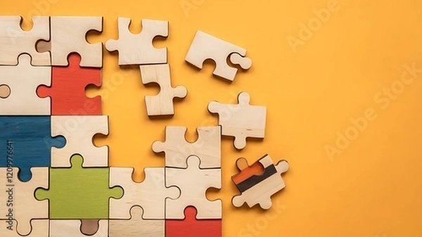 Fototapeta Wooden jigsaw puzzle pieces with some colored sections on a yellow background for business solutions concept