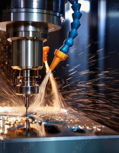 Fototapeta CNC milling machine processing on steel with cooling