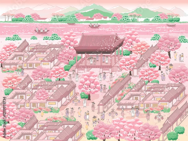Obraz 벚꽃이 만발한 계절의 전통적인 한국의 마을과 사람들에 대한 벡터 일러스트레이션	