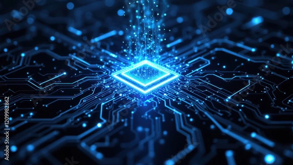 Fototapeta Intricate AI neural network pattern with central glowing blue cube.