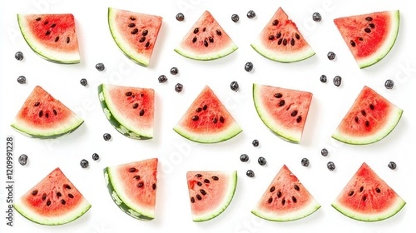 Fototapeta Fresh Watermelon Slices Arranged on White Background