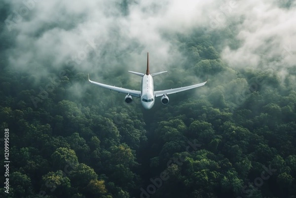 Fototapeta A passenger jet flies at a low altitude just above a dense forest, blending the marvels of aviation with the tranquility of nature. The clear sky enhances the scene’s beauty