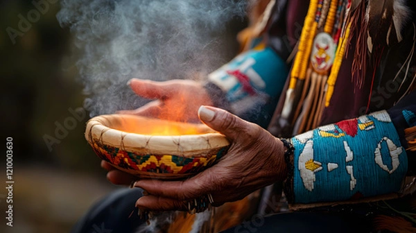 Obraz Indigenous Ceremonial Ritual with Hands Holding Sacred Smudging Bowl : Generative AI