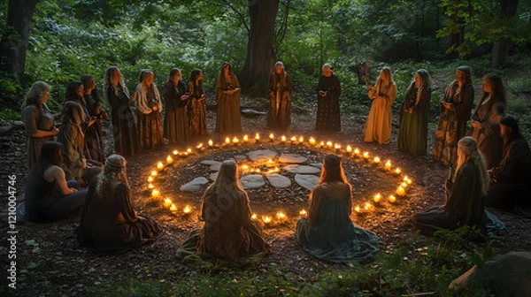 Obraz Mystical Gathering of Women Forming Candlelit Circle in Forest : Generative AI