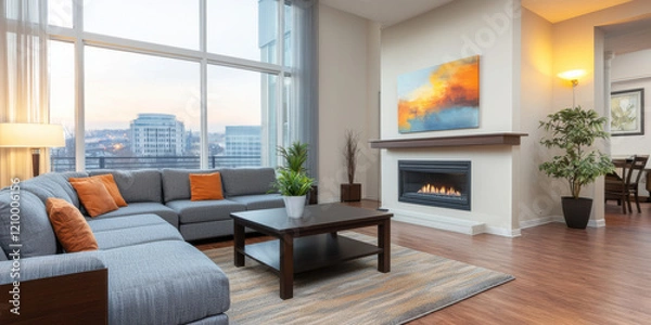 Fototapeta cozy lounge area with modern fireplace and city view