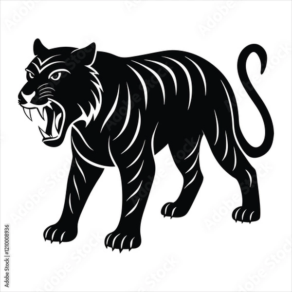 Fototapeta  Extinct animal saber toothed tiger silhouette vector illustration