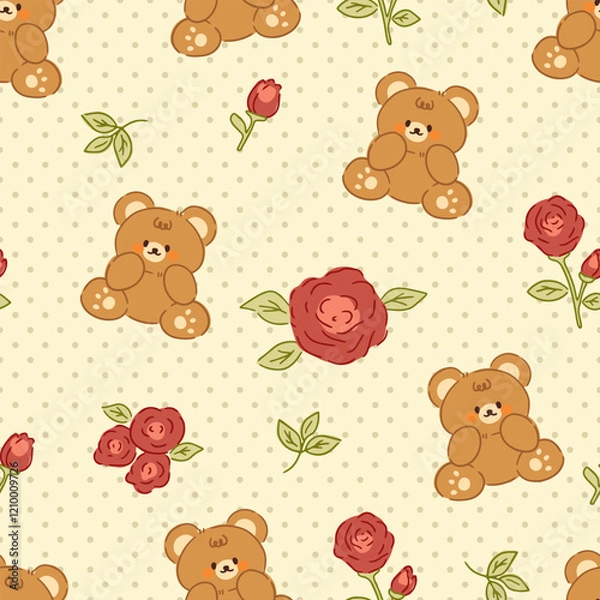Fototapeta Cute brown teddy bears in kawaii style with hand drawn roses flowers on a polka dot neutral beige background, seamless pattern design.