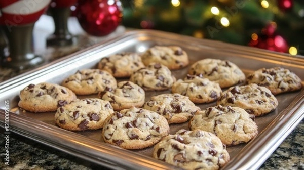 Fototapeta A tray of freshly baked chocolate chip cookies, styled with a cozy home kitchen theme