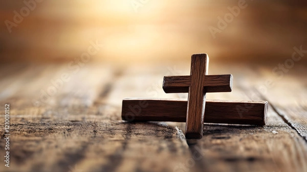 Fototapeta Wooden Cross Displayed on Rustic Wooden Table with Sunlit Background : Generative AI