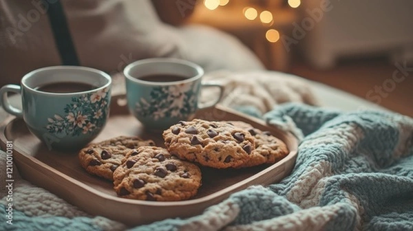 Fototapeta A tray of freshly baked chocolate chip cookies, styled with a cozy home kitchen theme