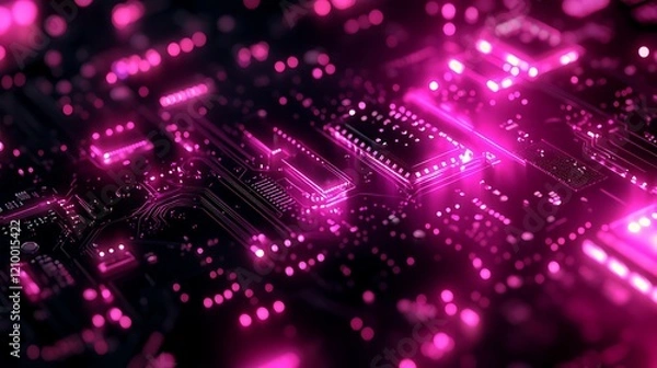 Fototapeta Pink Circuit Board Glow: A close-up shot reveals a circuit board bathed in vibrant pink light, highlighting intricate details and glowing components.