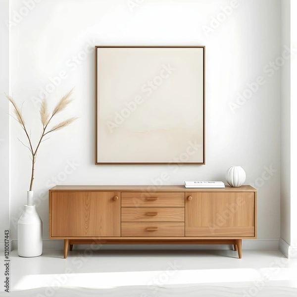 Fototapeta Minimalist interior, wooden sideboard, square framed artwork, neutral colors, ceramic vase with branches, Scandinavian design, clean lines, textured wall, generative ai