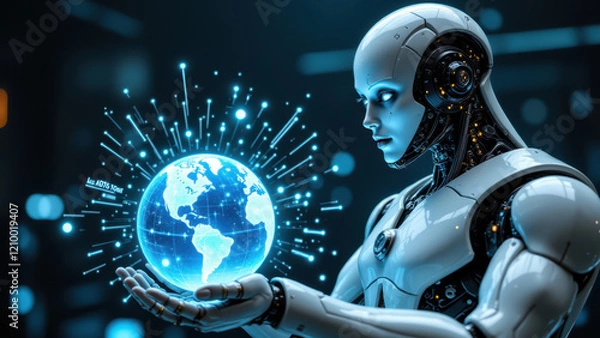 Fototapeta A humanoid robot holding a globe with an AI-inspired futuristic background.