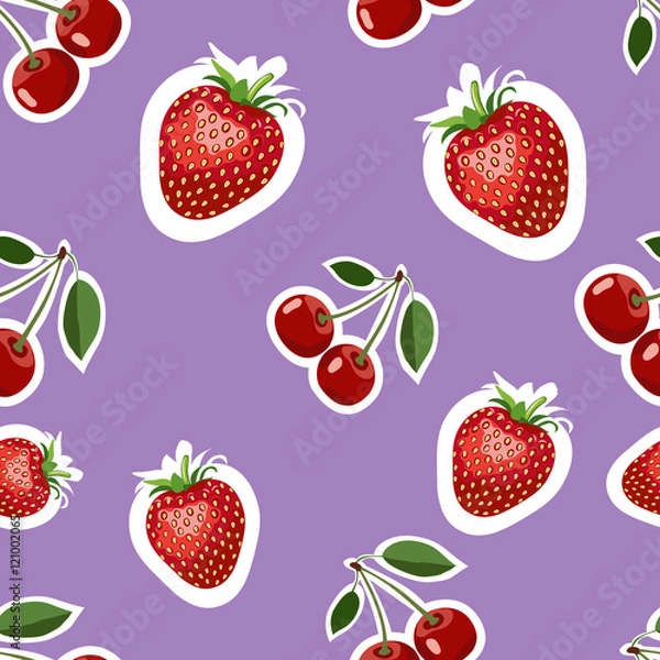 Fototapeta Pattern of realistic image of delicious strawberries and cherry different sizes. Purple background