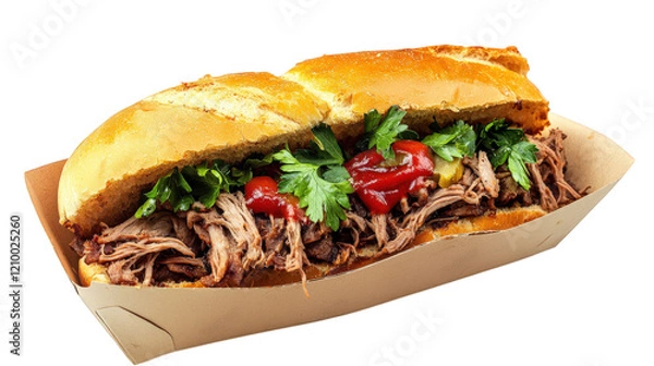 Fototapeta a delicious sandwich filled with tender. shredded meat. topped with fresh herbs and sauces. served in a soft. crusty bread roll this appetizing dish is perfect for a hearty meal or snack. appealing to