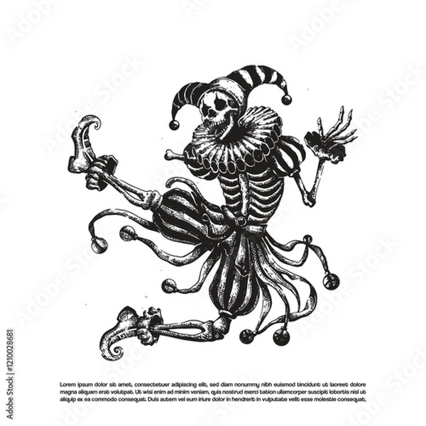 Obraz Vintage retro grunge dark art skeleton clown. Dancing Jester clown costume vector illustration